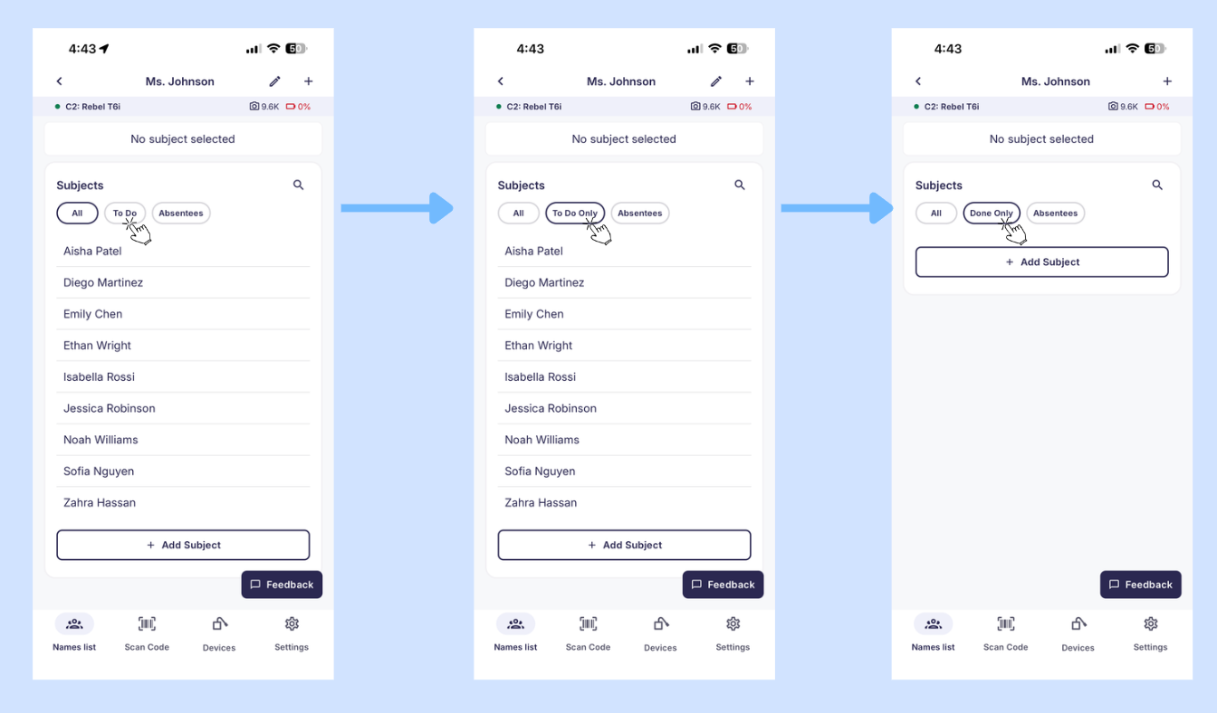 Filter toggle options showing All, To do only, and Done only states in the GotPhoto app