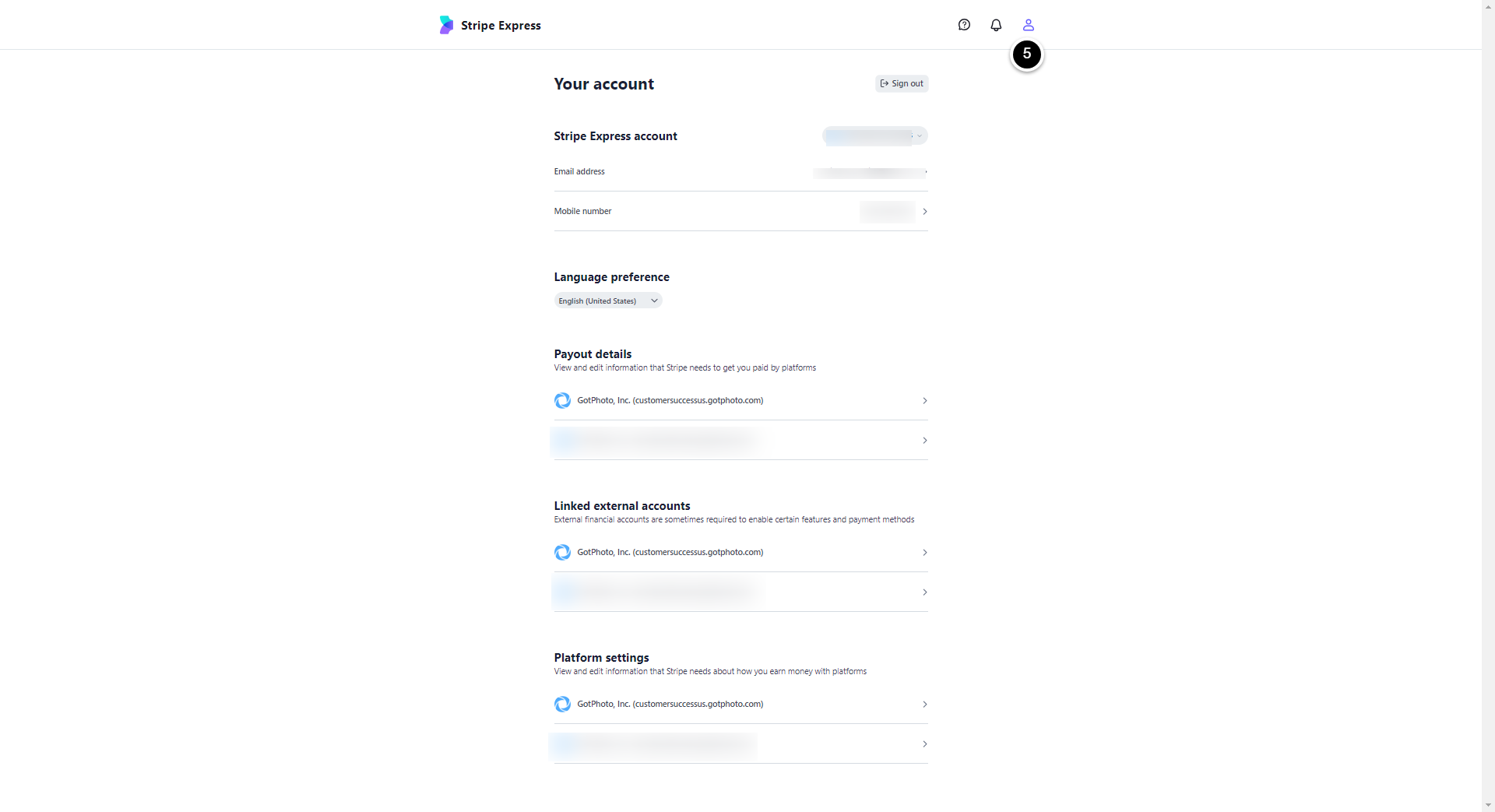 Stripe Dashboard user icon menu
