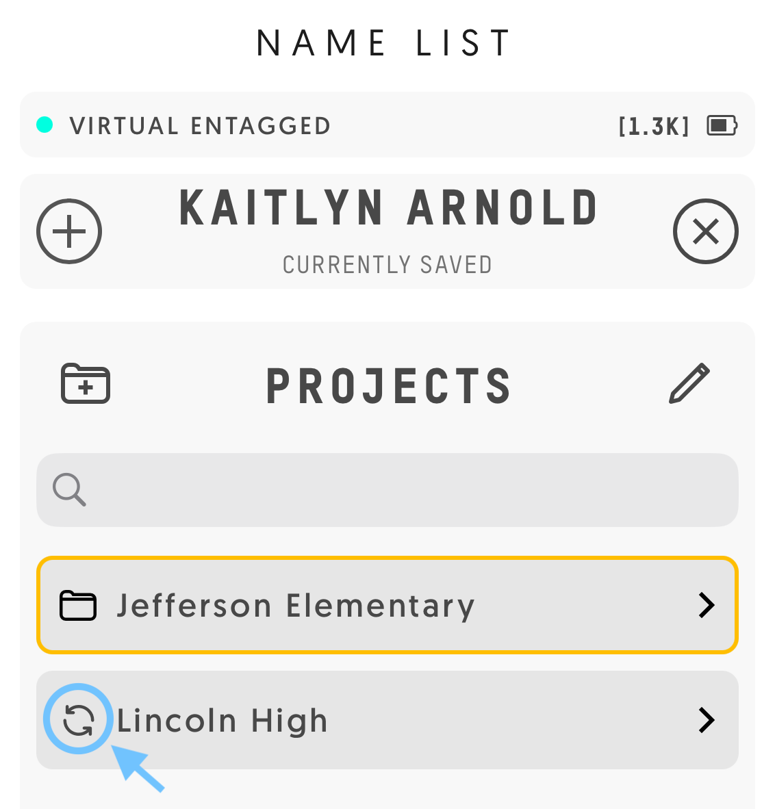 Entagged Project list, the sync icon is highlitghted.