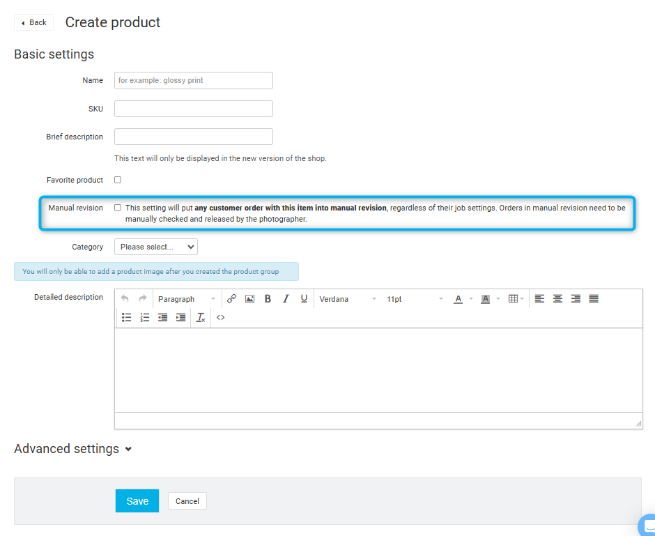 Create product form with fields for name, description, category, and manual revision option