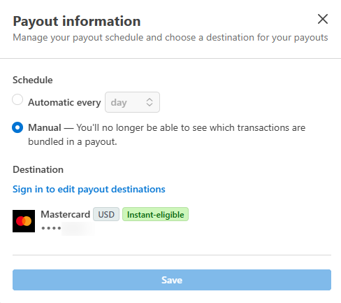Payout update settings menu