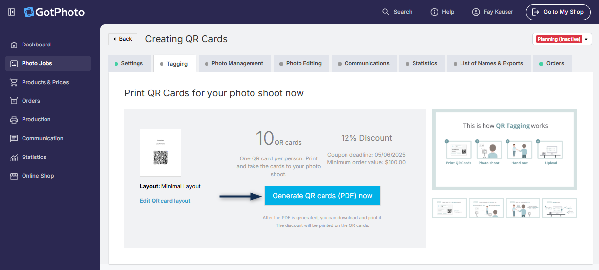 Blue arrow pointing to 'Generate QR cards' button.
