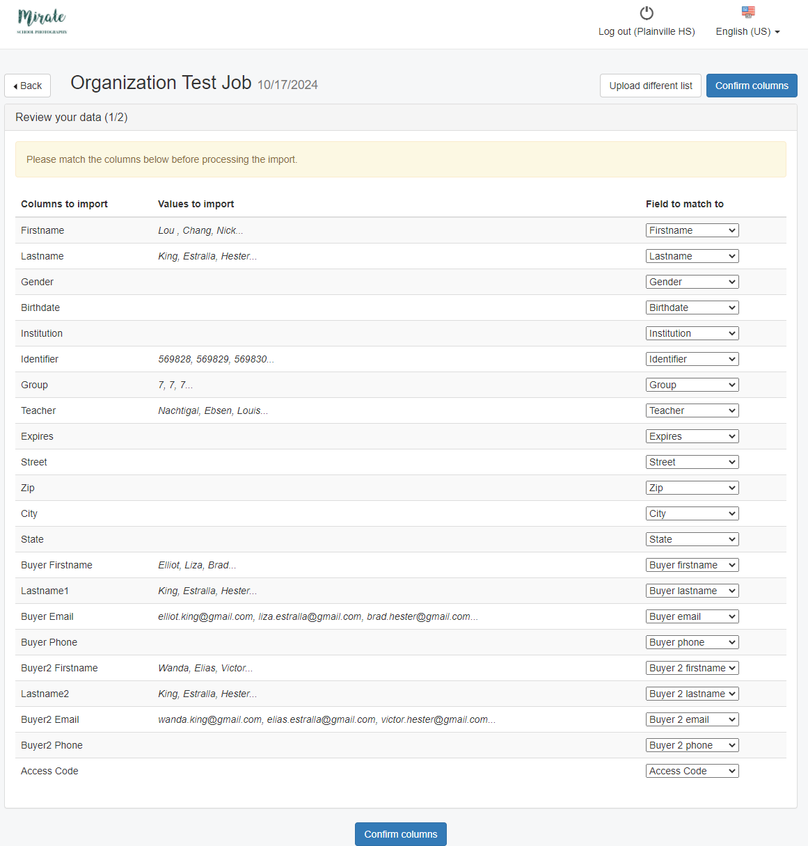 Column matching interface.