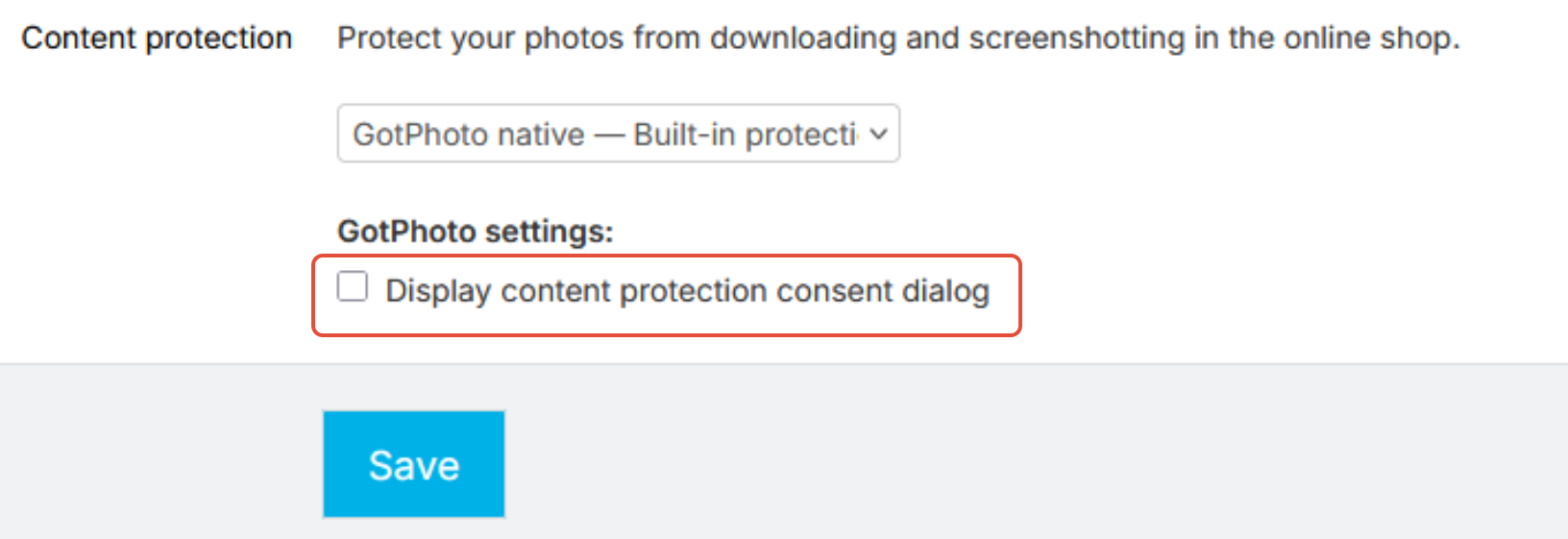 GotPhoto native content protection settings with the content protection consent dialog enabled.