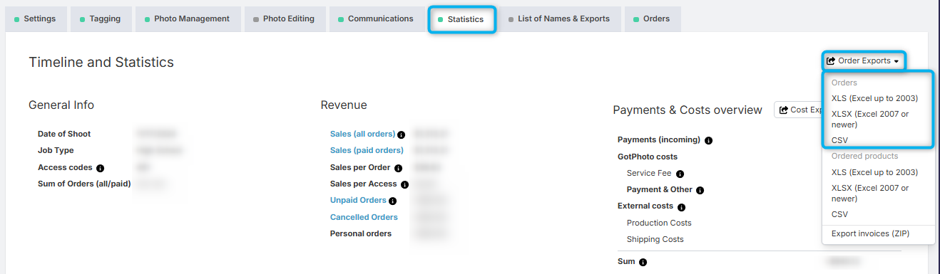 Job-specific order export