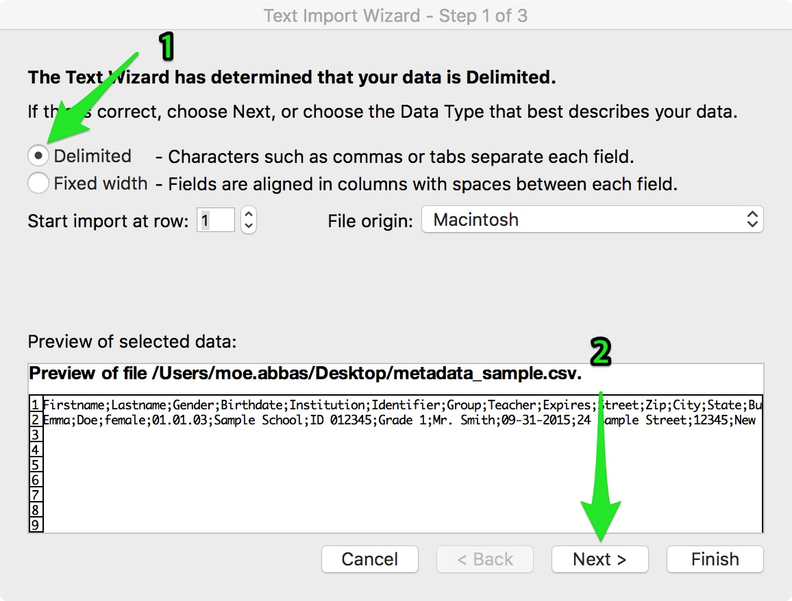 Screenshot of import wizard step one