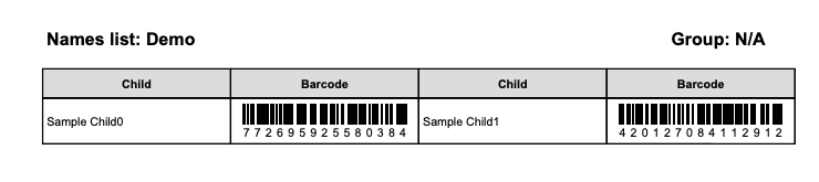 Barcodes listed alongside student names