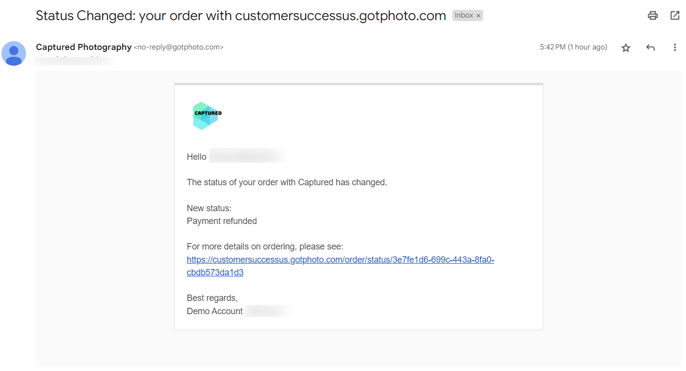 Customer refund confirmation email