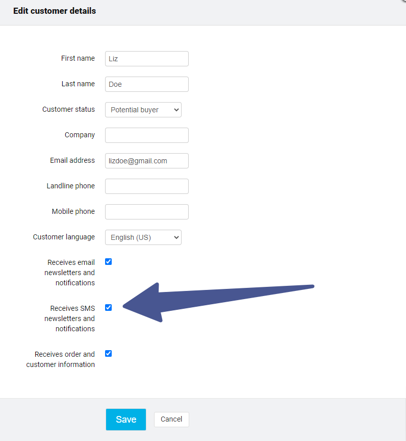 Edit customer settings showing SMS notification option.