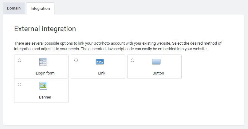 Integration tab options in GotPhoto shop settings