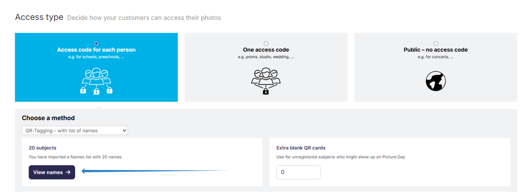 Switch to QR Tagging with View Names button