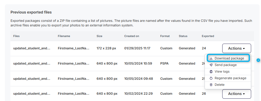 A table showing the export history with statuses for various export attempts.