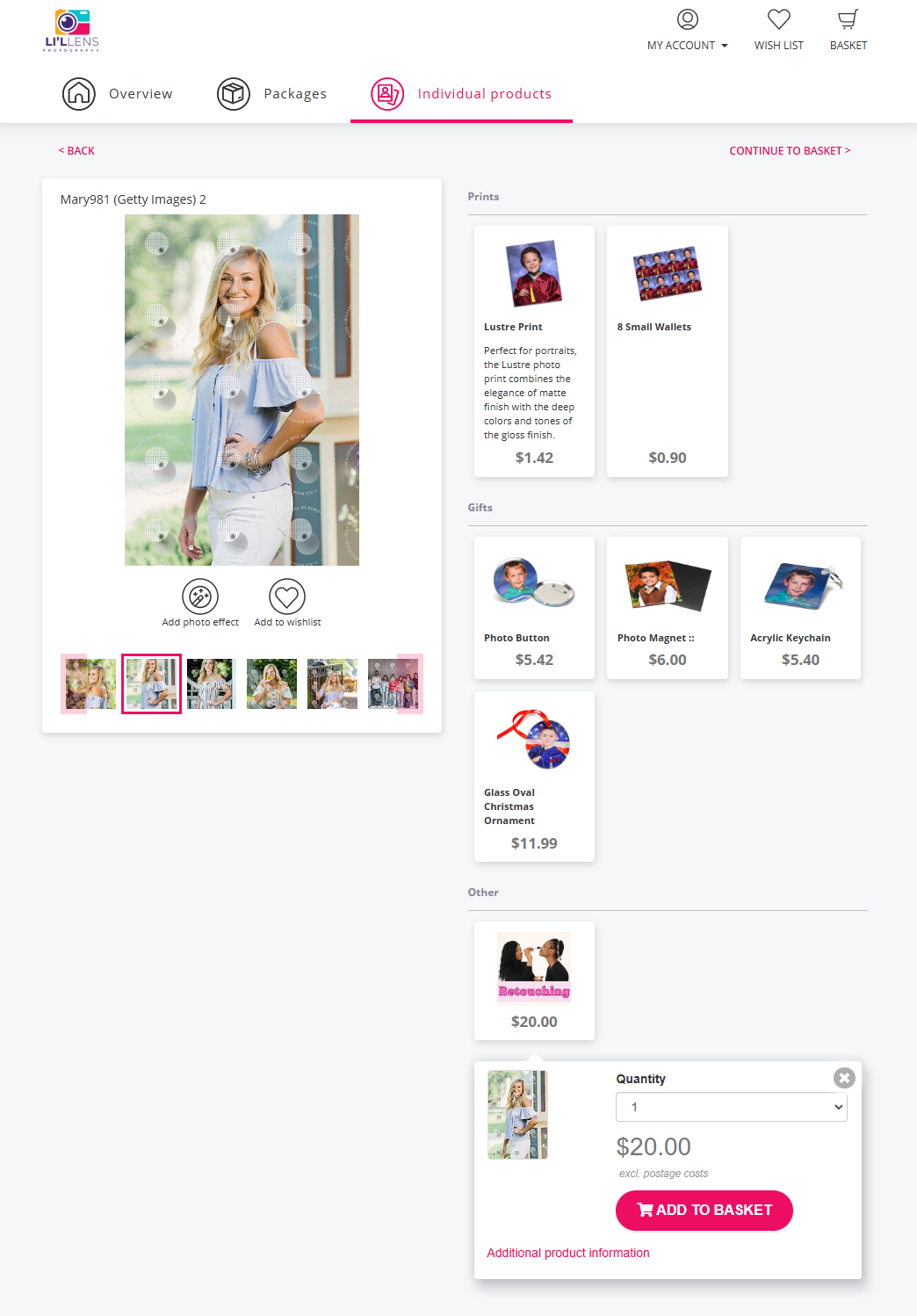 Store view showing a retouching service product available for purchase