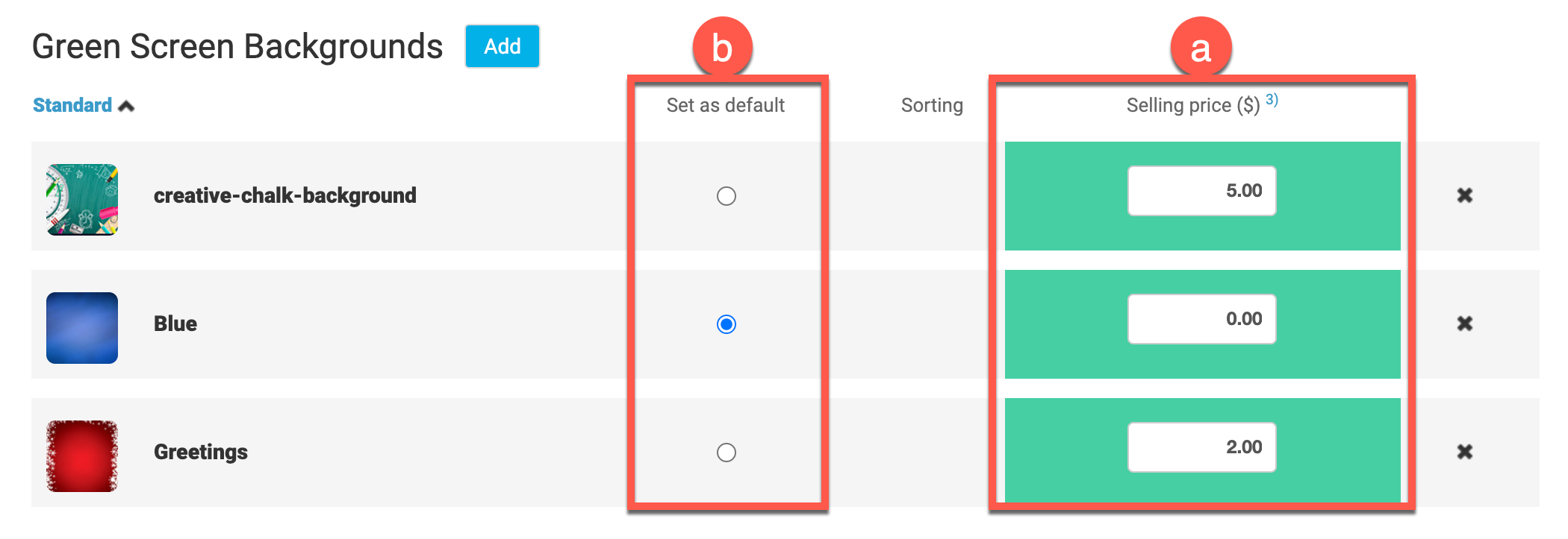 Background selling price field and default background toggle