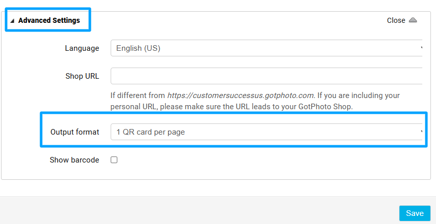 Advanced settings panel with “Output format” dropdown set to 1 QR card per page.