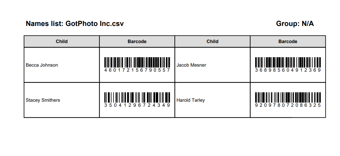 Printed barcode sheet example