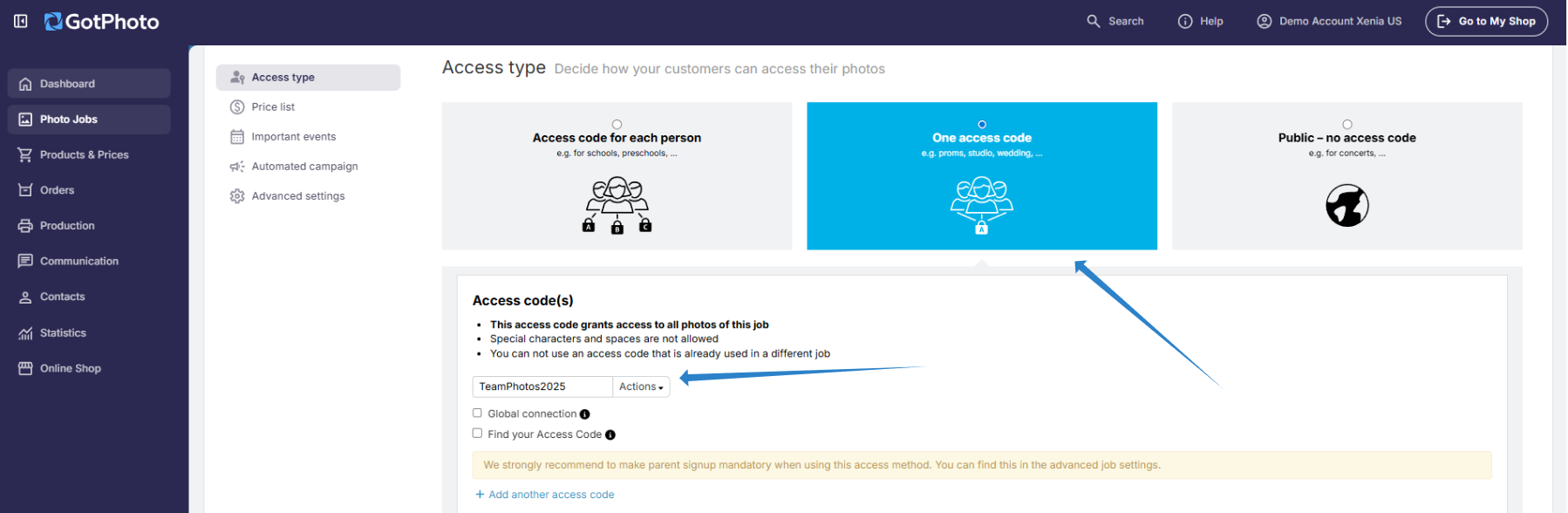 Access type selection screen with 'One access code' highlighted for group/class jobs.