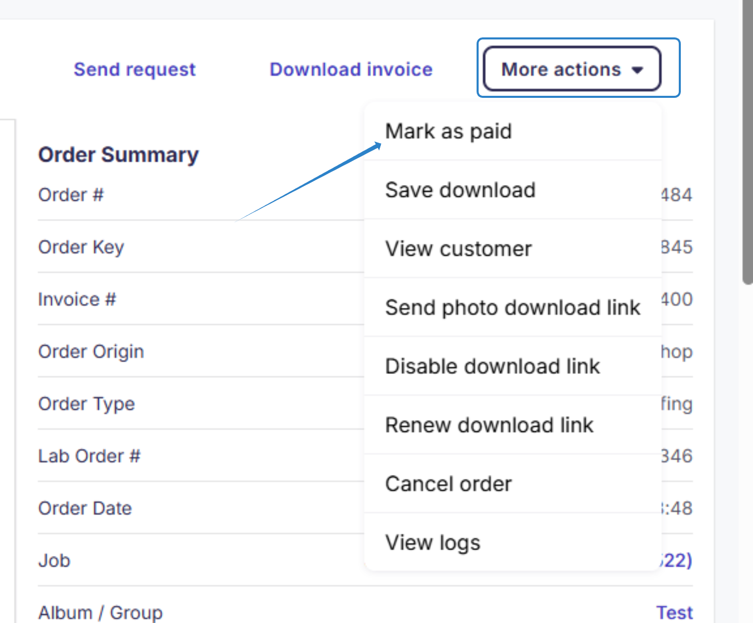 Mark as paid option in More actions menu