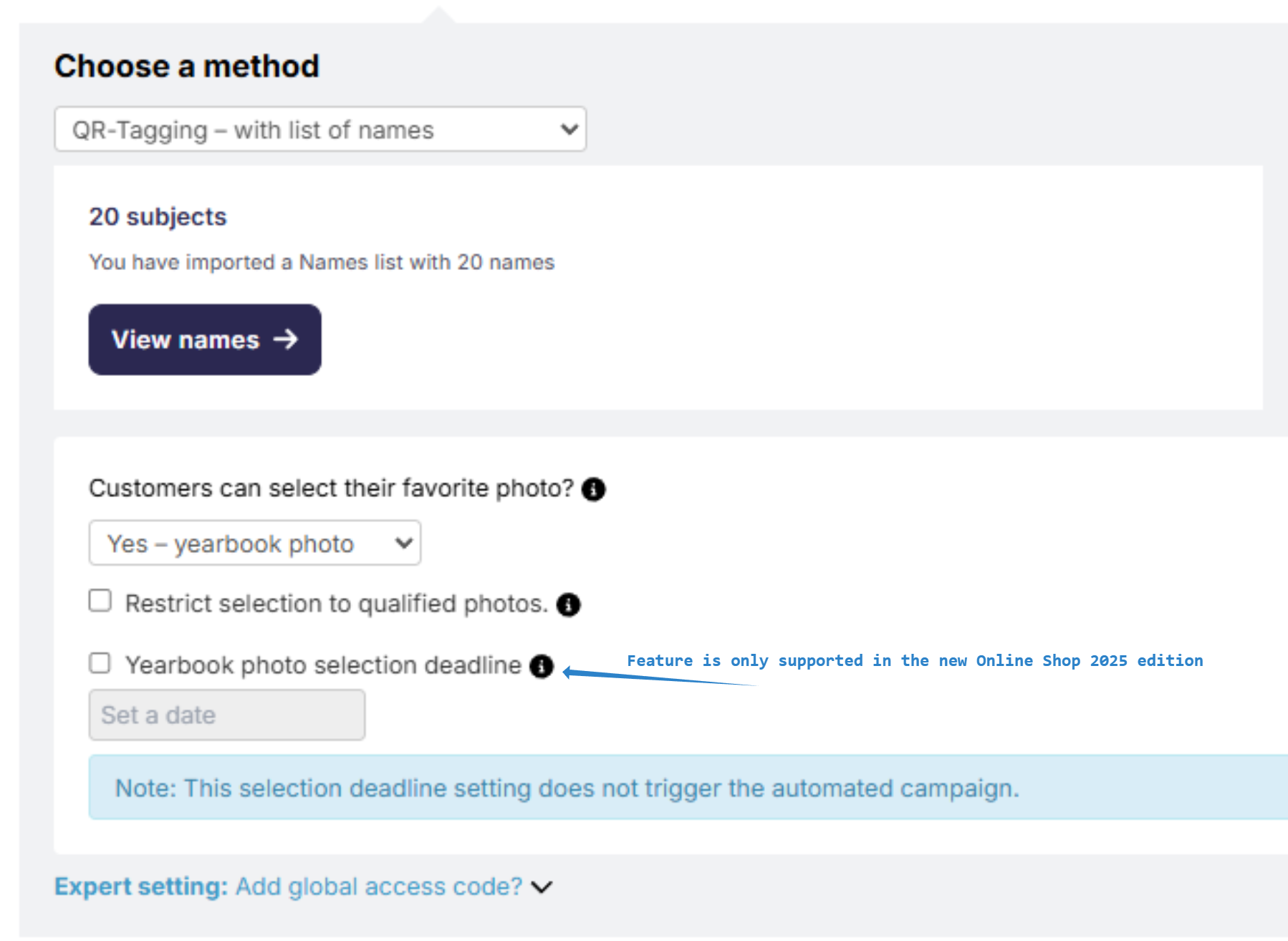 A view of the main settings page with the 'restrict selection to qualified photos' checkbox selected.