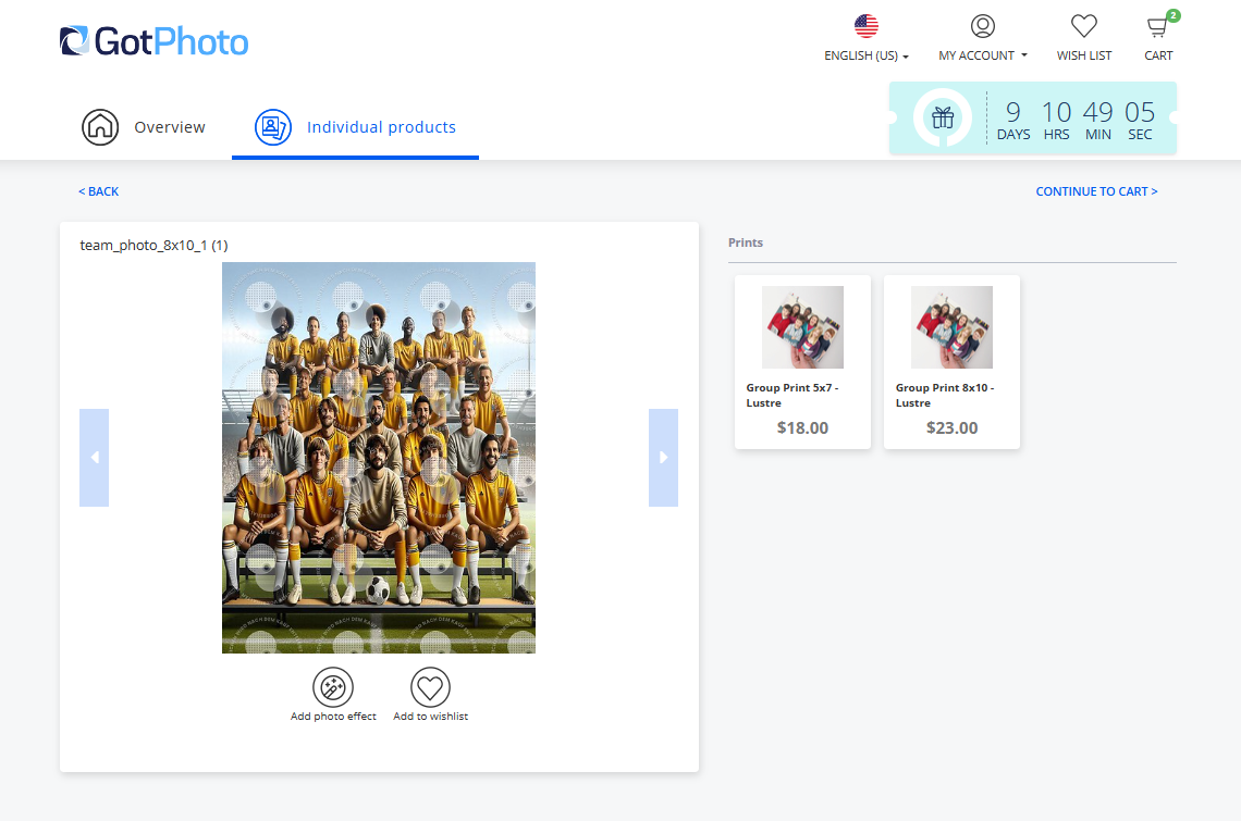 Photo product page showing a group photo preview and print options.