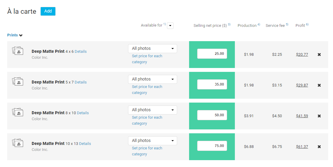 Product selection including deep matte prints
