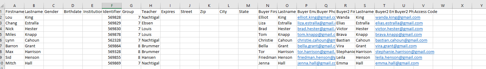 Example spreadsheet for student and buyer data.