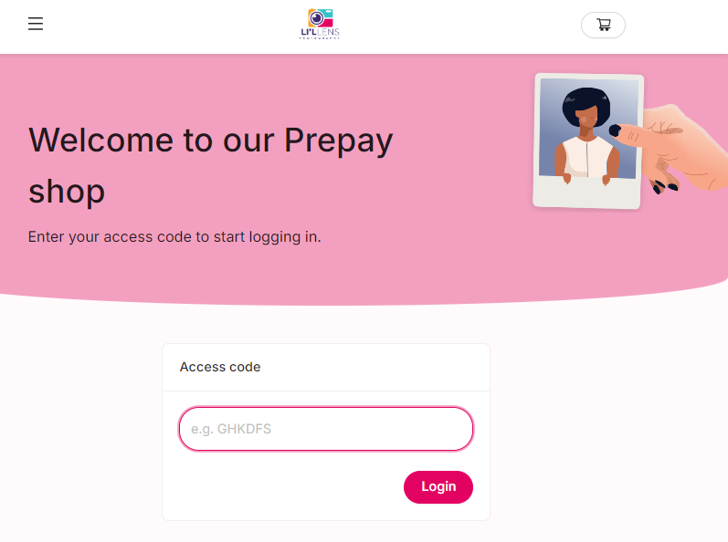 Prepay shop login page with an access code input field and login button.