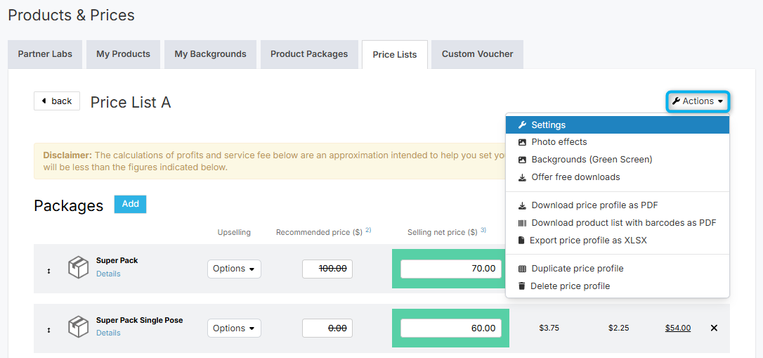 Access Price List Settings