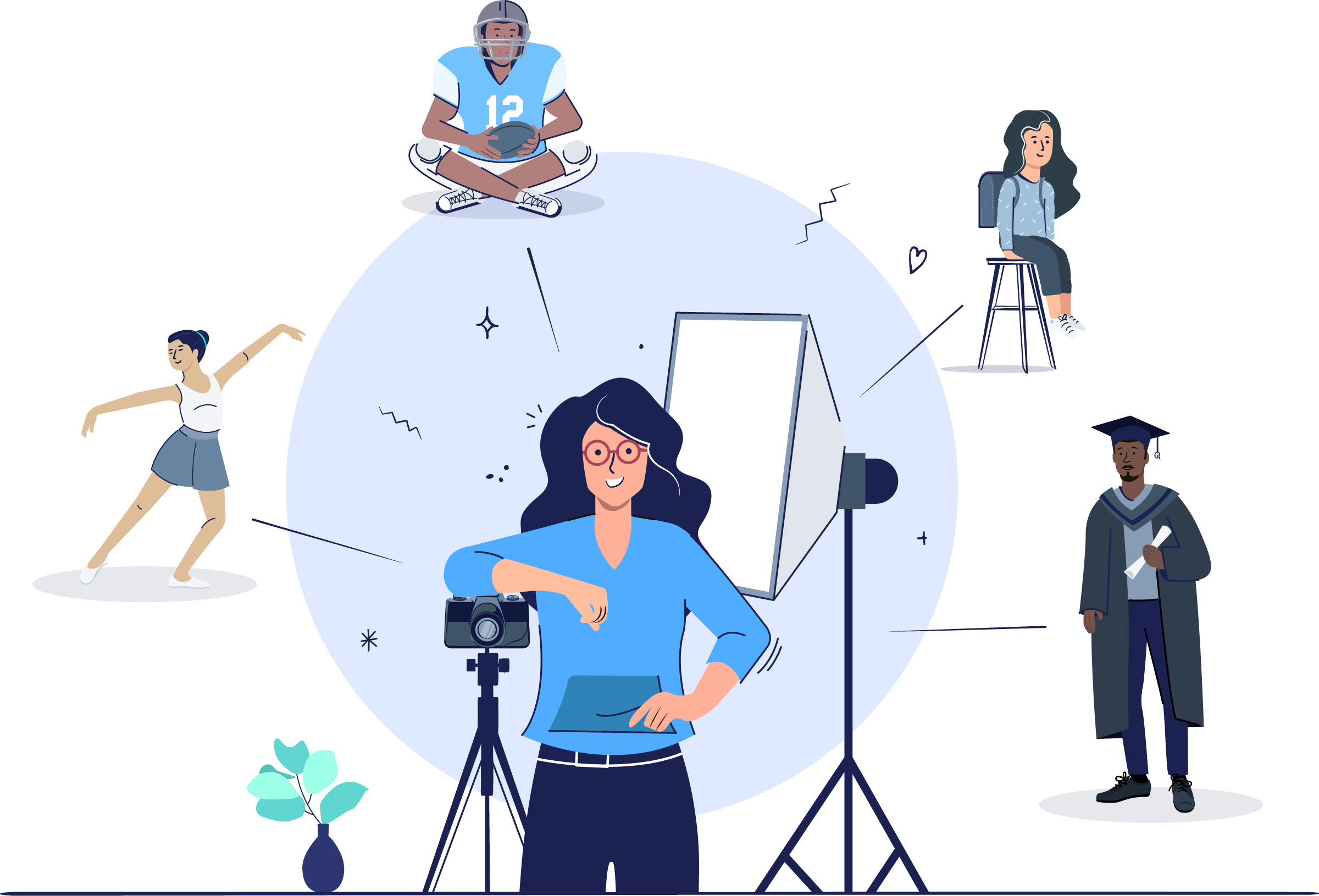 Illustration of a photographer in a studio setup with a camera and softbox, surrounded by diverse subjects including a ballet dancer, football player, seated student, and graduate holding a diploma.