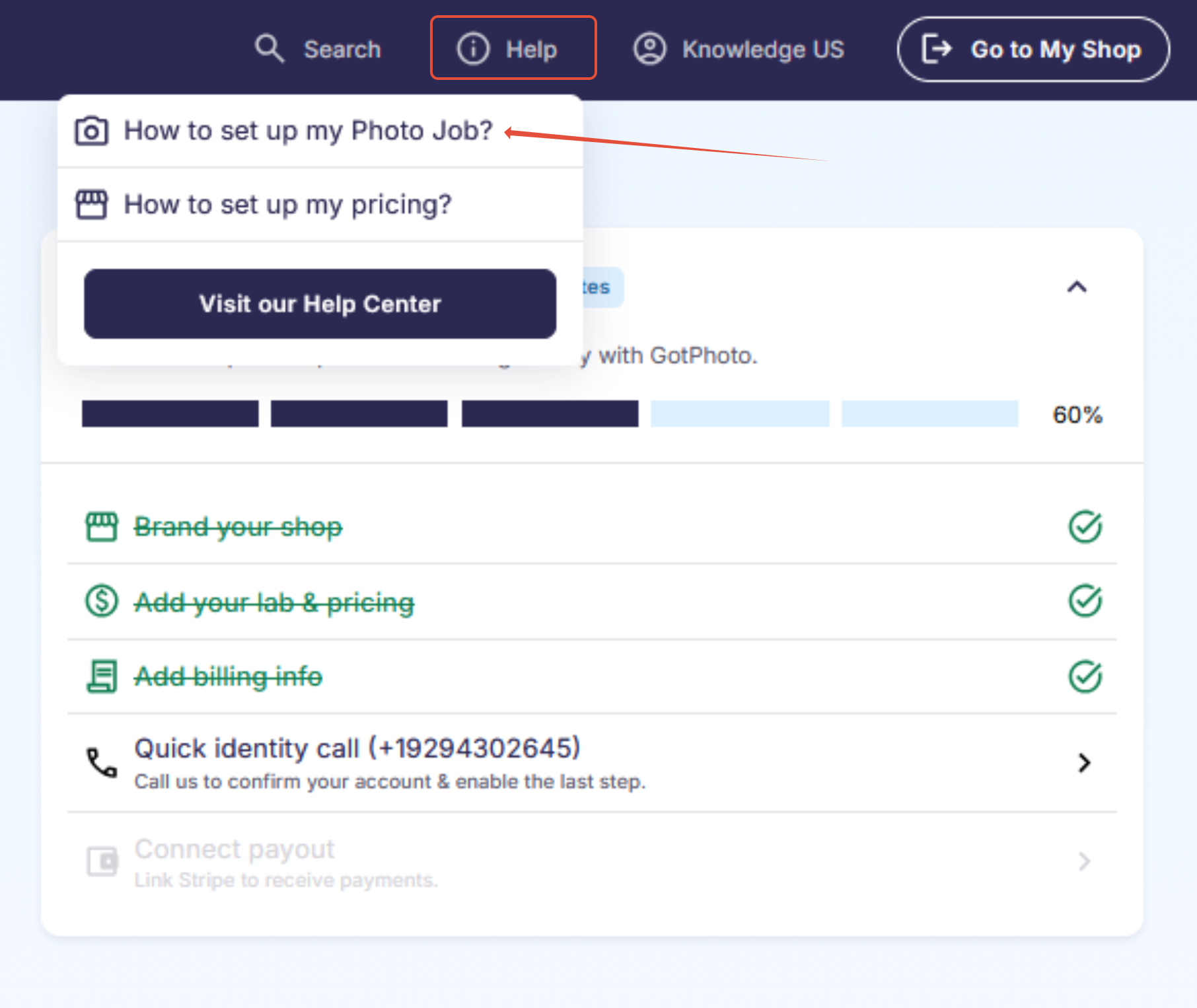 Screenshot of the GotPhoto interface showing the Help tab in the top-right menu with the in-product tour option.