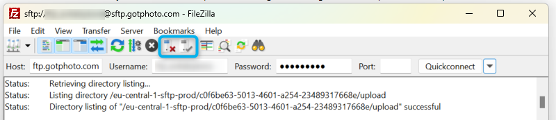 FileZilla toolbar buttons to disconnect and reconnect to the FTP server.