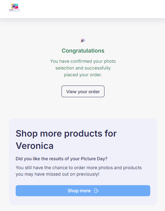 Screenshot of confirmation page with link to regular shop.