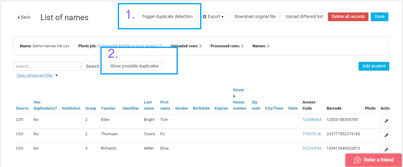 Duplicate candidates list