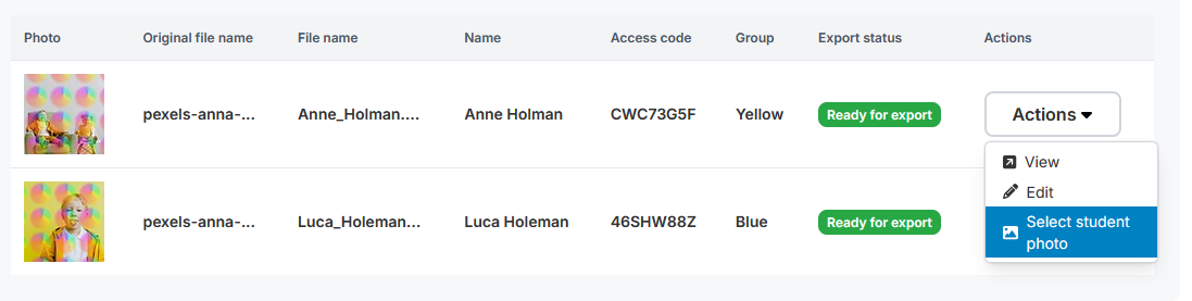 Student Data Preview: Actions menu