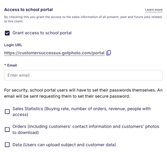 Settings for school portal access, showing login URL and data permission checkboxes.