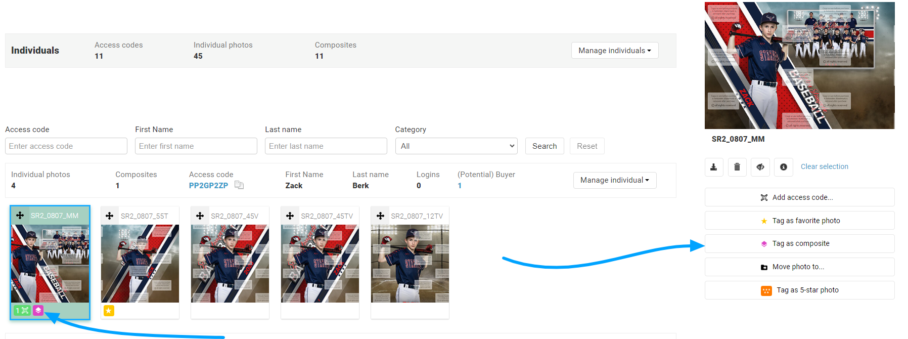 Photo edit menu with 'Tag as composite' option highlighted.